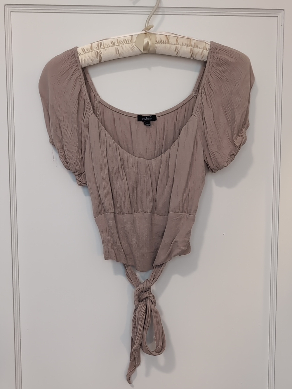 Ambiance Taupe Tie-Back Gauzy Puff Sleeve Crop Top